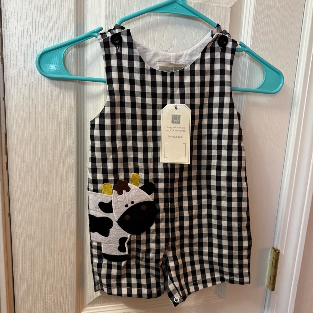 Black and White Gingham Baby Romper with Cow Patch